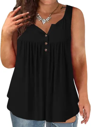 VISLILY Womens-Plus-Size-Tank-Tops Summer Sleeveless Henley Shirts Buttons Up Tunics Flowy Pleated Blouses