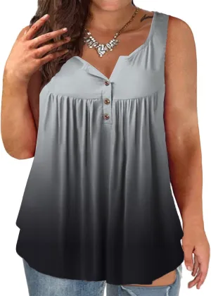 VISLILY Womens-Plus-Size-Tank-Tops Summer Sleeveless Henley Shirts Buttons Up Tunics Flowy Pleated Blouses