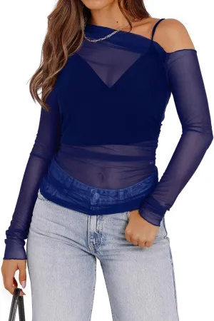 WIHOLL Womens Mesh Sheer Tops Sexy Crew Neck Summer Loose FIt Party Clubwear Shirts