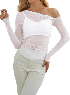 WIHOLL Womens Mesh Sheer Tops Sexy Crew Neck Summer Loose FIt Party Clubwear Shirts