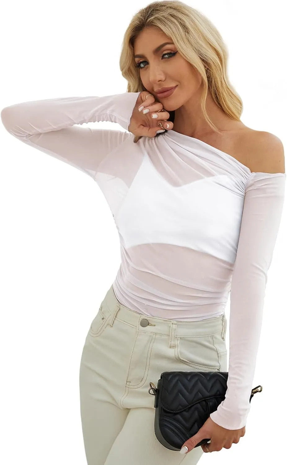 WIHOLL Womens Mesh Sheer Tops Sexy Crew Neck Summer Loose FIt Party Clubwear Shirts
