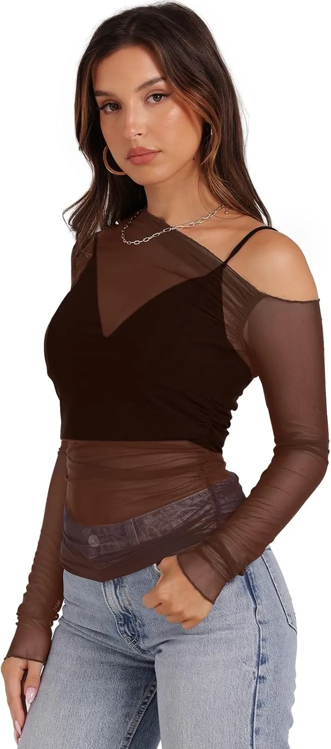 WIHOLL Womens Mesh Sheer Tops Sexy Crew Neck Summer Loose FIt Party Clubwear Shirts
