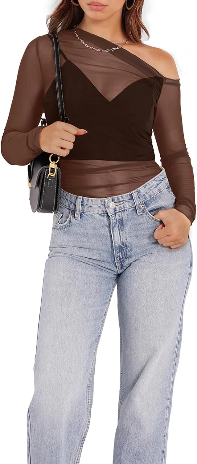 WIHOLL Womens Mesh Sheer Tops Sexy Crew Neck Summer Loose FIt Party Clubwear Shirts