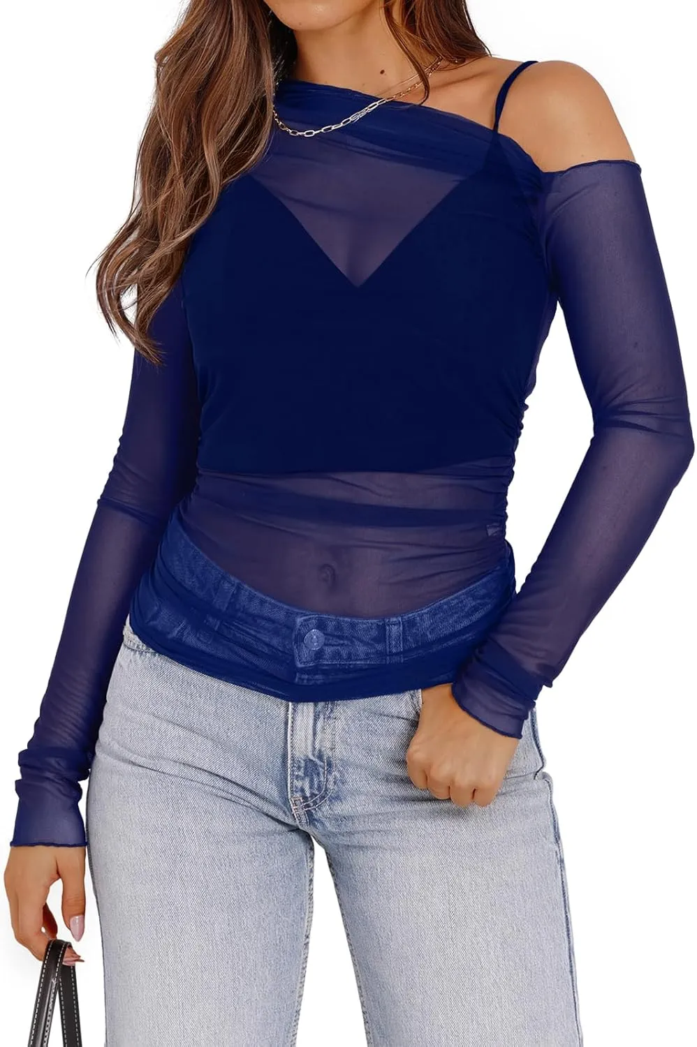 WIHOLL Womens Mesh Sheer Tops Sexy Crew Neck Summer Loose FIt Party Clubwear Shirts