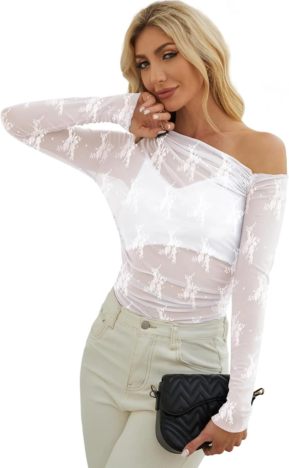 WIHOLL Womens Mesh Sheer Tops Sexy Crew Neck Summer Loose FIt Party Clubwear Shirts