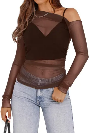 WIHOLL Womens Mesh Sheer Tops Sexy Crew Neck Summer Loose FIt Party Clubwear Shirts