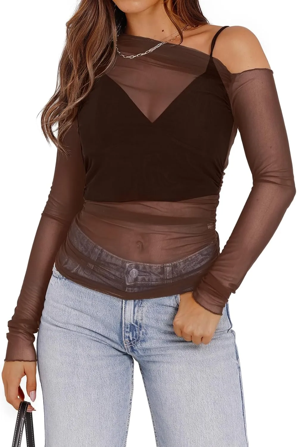 WIHOLL Womens Mesh Sheer Tops Sexy Crew Neck Summer Loose FIt Party Clubwear Shirts