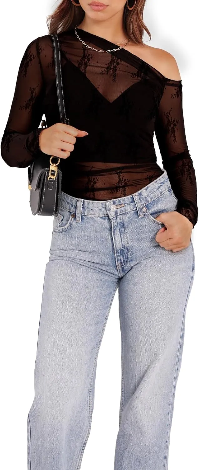 WIHOLL Womens Mesh Sheer Tops Sexy Crew Neck Summer Loose FIt Party Clubwear Shirts
