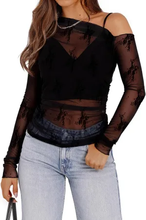 WIHOLL Womens Mesh Sheer Tops Sexy Crew Neck Summer Loose FIt Party Clubwear Shirts