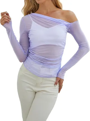WIHOLL Womens Mesh Sheer Tops Sexy Crew Neck Summer Loose FIt Party Clubwear Shirts