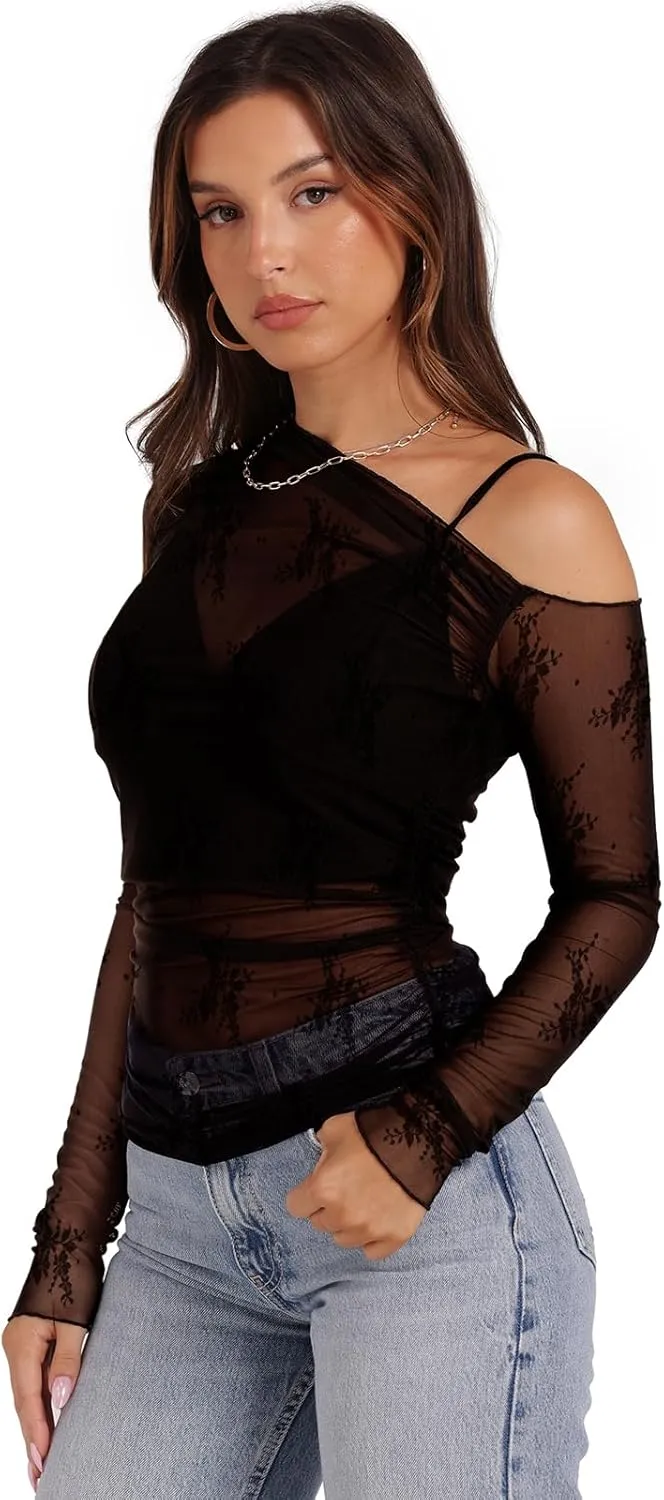WIHOLL Womens Mesh Sheer Tops Sexy Crew Neck Summer Loose FIt Party Clubwear Shirts