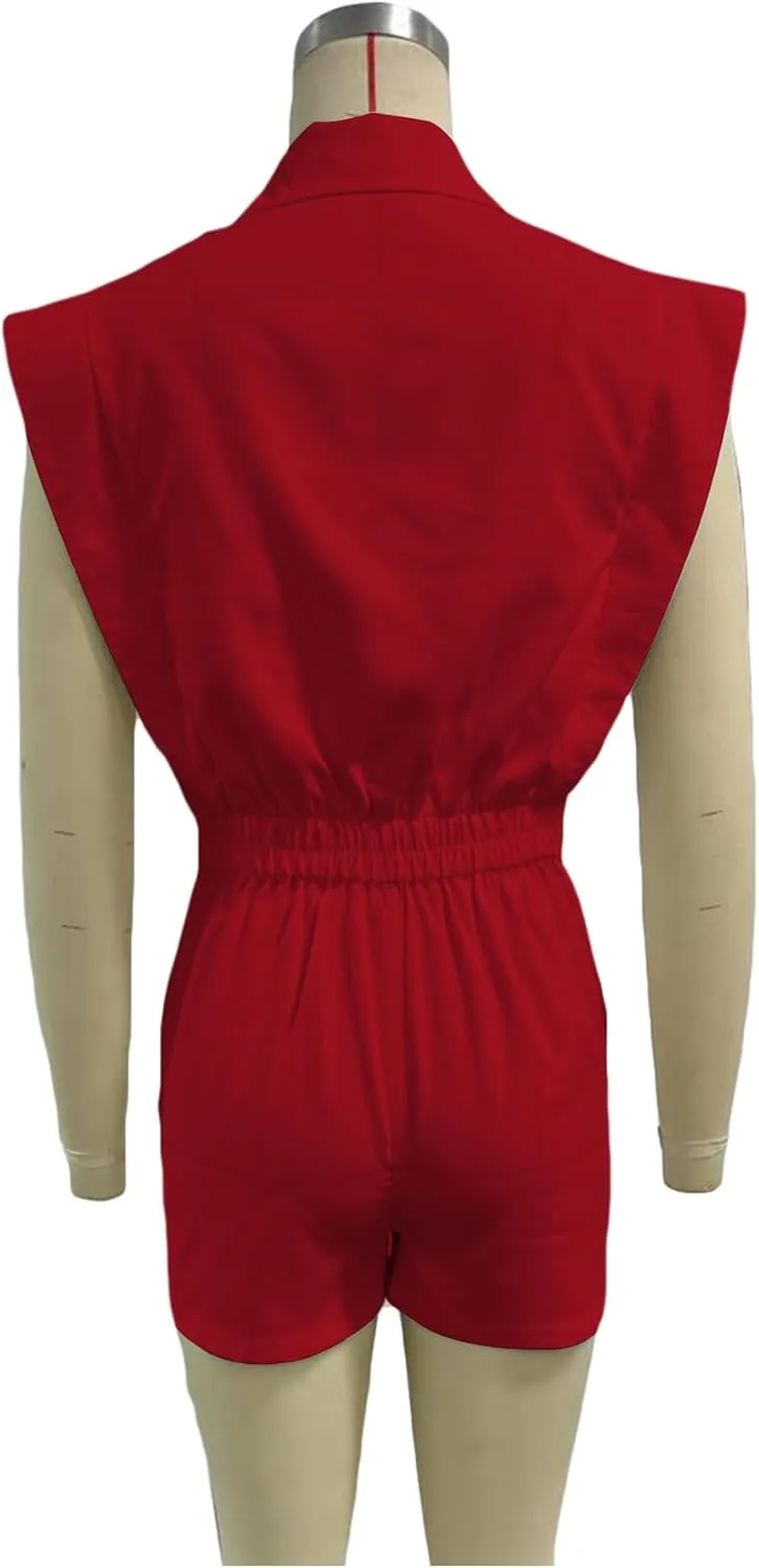 Women Blazer Short Romper Casual Sleeveless Business V Neck Top Summer Zipper Shorts One Piece Jumpsuit With Pockets