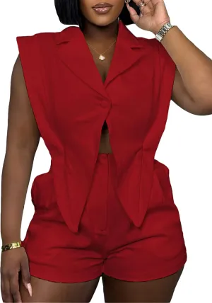 Women Blazer Short Romper Casual Sleeveless Business V Neck Top Summer Zipper Shorts One Piece Jumpsuit With Pockets