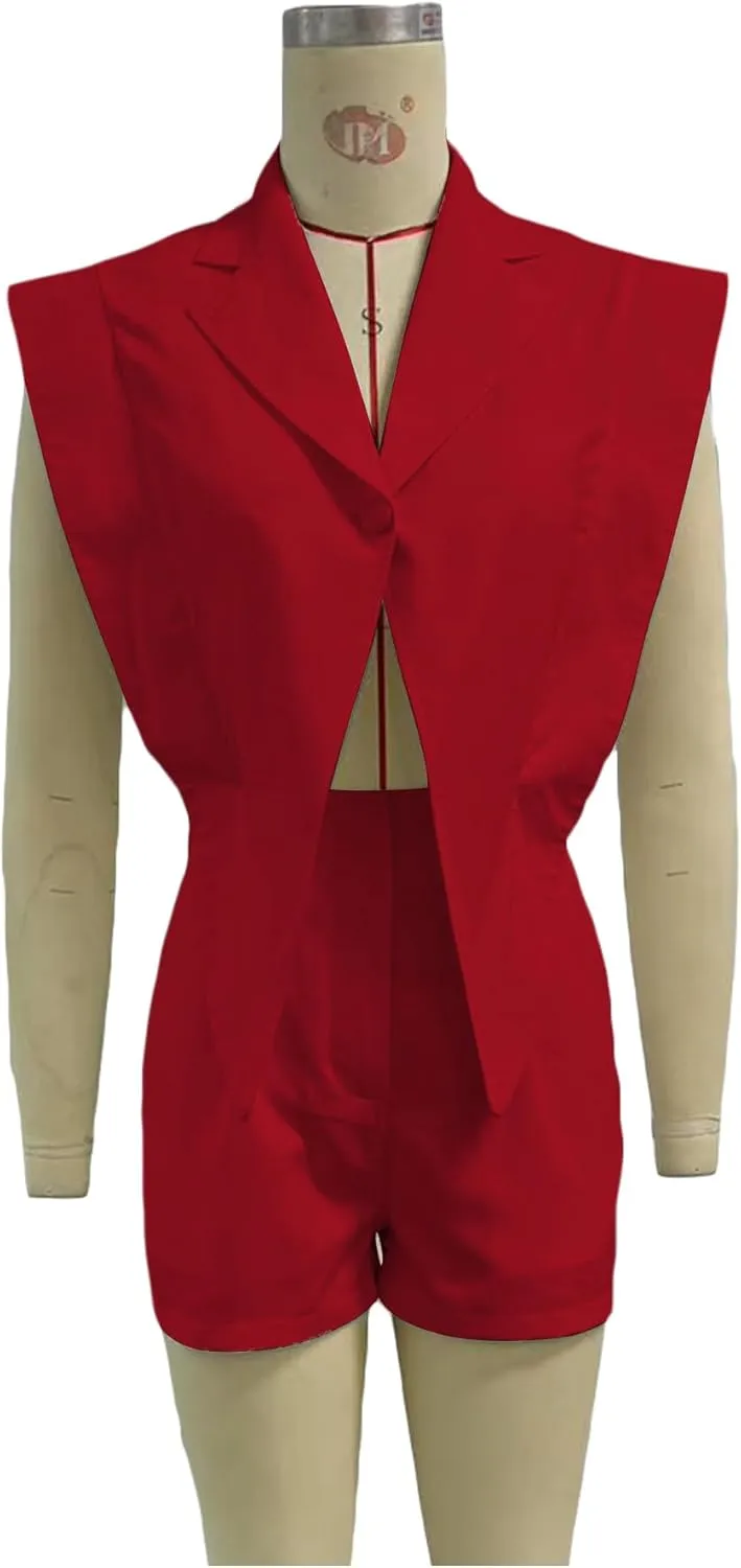 Women Blazer Short Romper Casual Sleeveless Business V Neck Top Summer Zipper Shorts One Piece Jumpsuit With Pockets