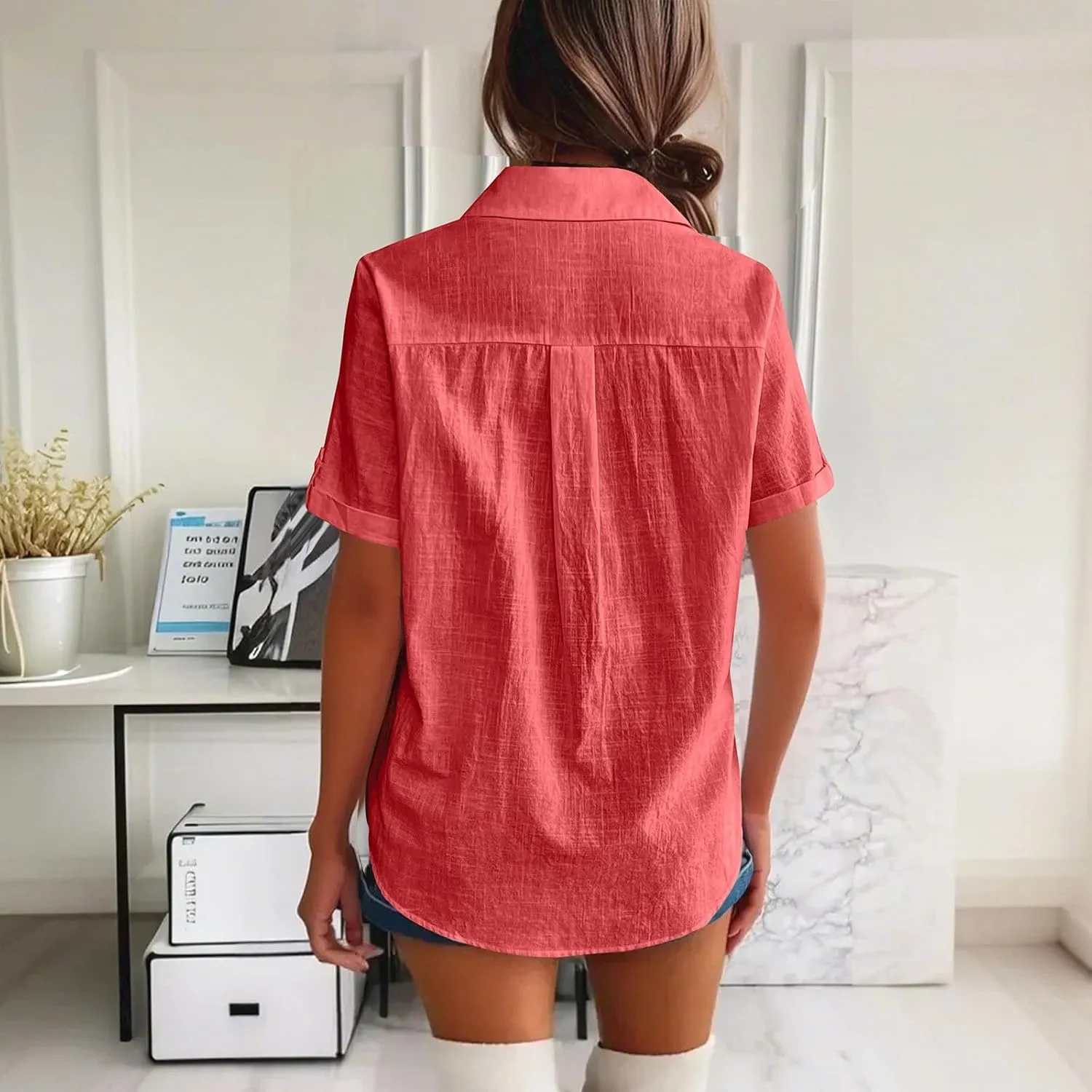 Women Cotton Linen Button Down Shirt Rolled Cuffed Short Sleeve Blouse Ladies Summer Casual Beach Tops