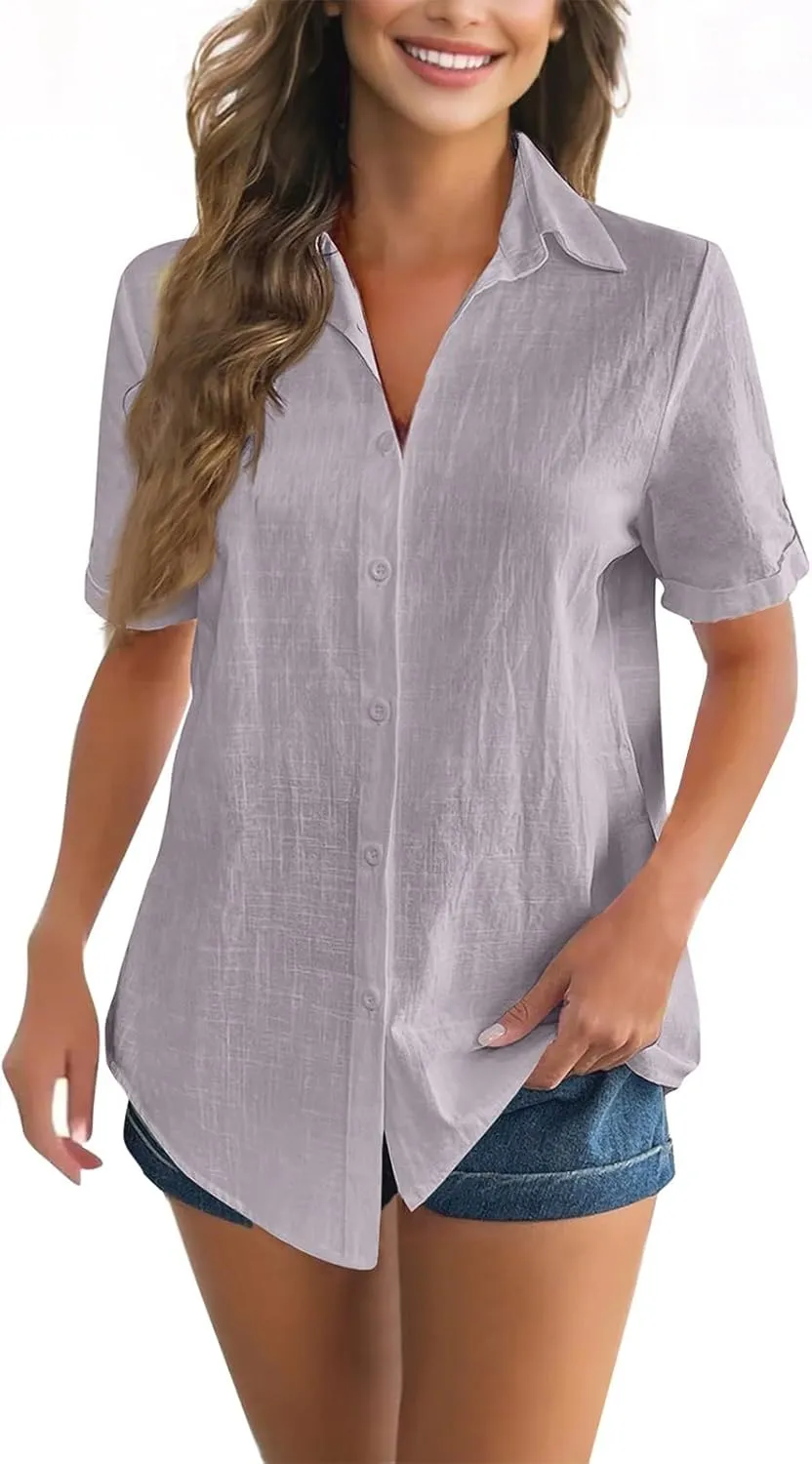 Women Cotton Linen Button Down Shirt Rolled Cuffed Short Sleeve Blouse Ladies Summer Casual Beach Tops