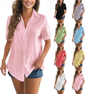Women Cotton Linen Button Down Shirt Rolled Cuffed Short Sleeve Blouse Ladies Summer Casual Beach Tops