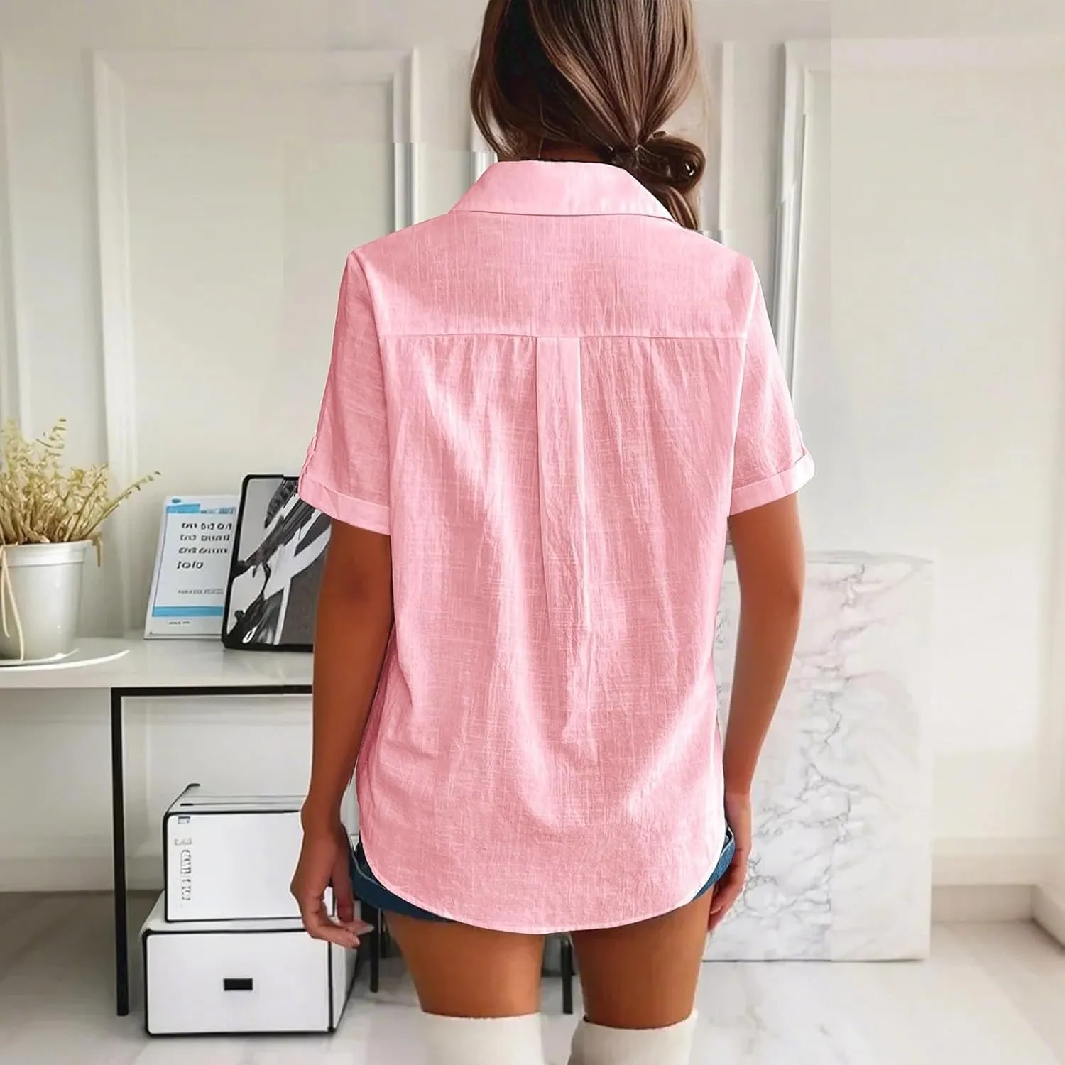 Women Cotton Linen Button Down Shirt Rolled Cuffed Short Sleeve Blouse Ladies Summer Casual Beach Tops