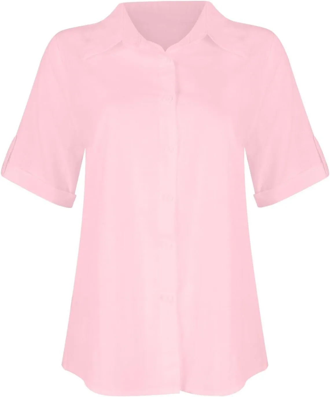 Women Cotton Linen Button Down Shirt Rolled Cuffed Short Sleeve Blouse Ladies Summer Casual Beach Tops