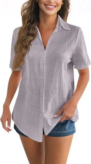 Women Cotton Linen Button Down Shirt Rolled Cuffed Short Sleeve Blouse Ladies Summer Casual Beach Tops