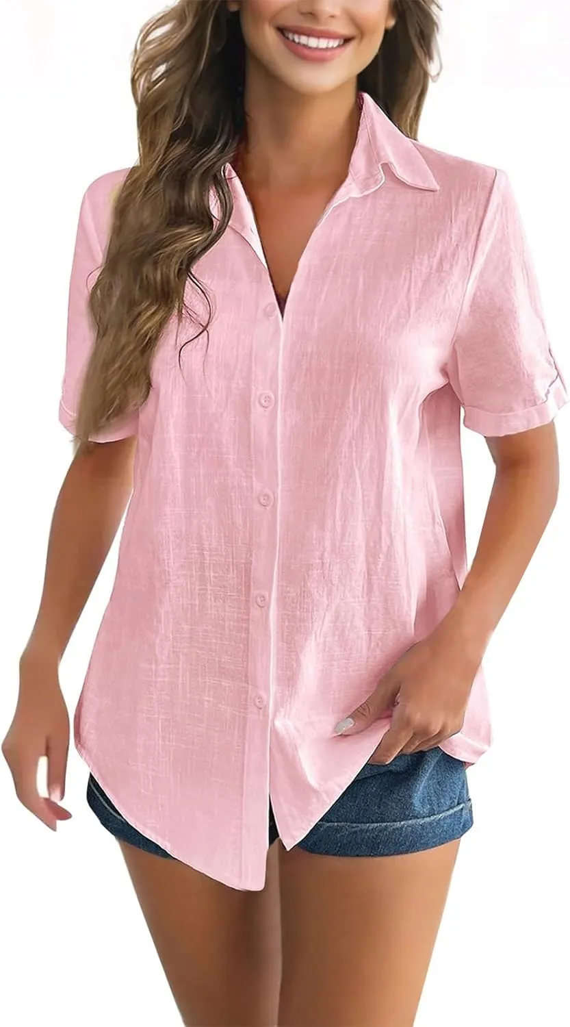 Women Cotton Linen Button Down Shirt Rolled Cuffed Short Sleeve Blouse Ladies Summer Casual Beach Tops