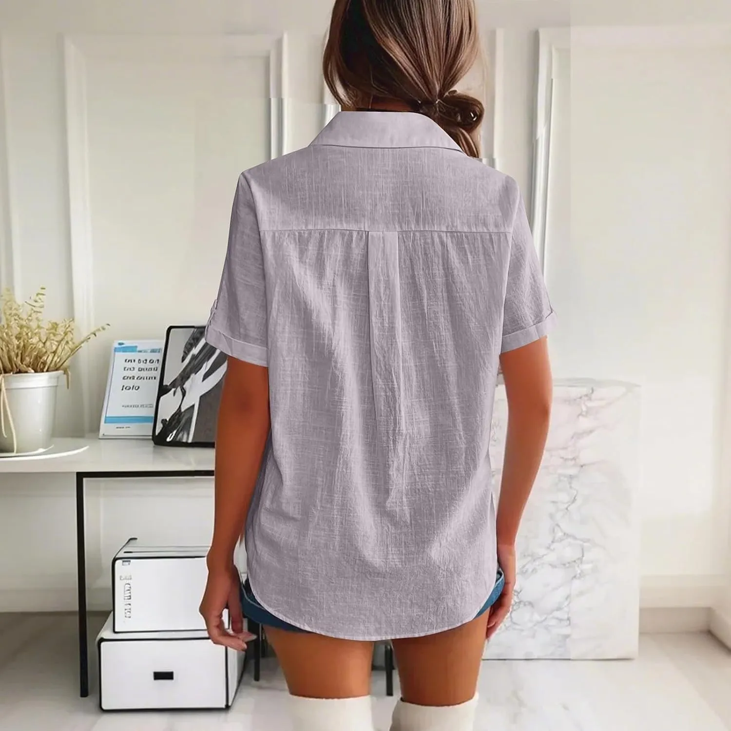 Women Cotton Linen Button Down Shirt Rolled Cuffed Short Sleeve Blouse Ladies Summer Casual Beach Tops