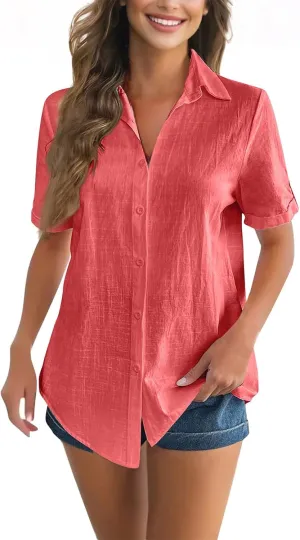 Women Cotton Linen Button Down Shirt Rolled Cuffed Short Sleeve Blouse Ladies Summer Casual Beach Tops