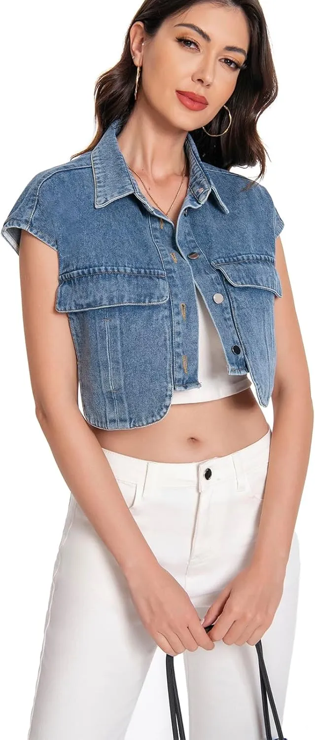 Women Cropped Denim Shirt Summer Jean Stylish Button Down Collared Cute Sleeveless Top with Pockets
