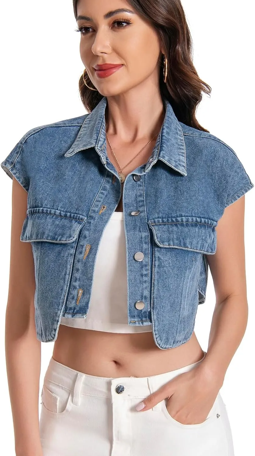 Women Cropped Denim Shirt Summer Jean Stylish Button Down Collared Cute Sleeveless Top with Pockets