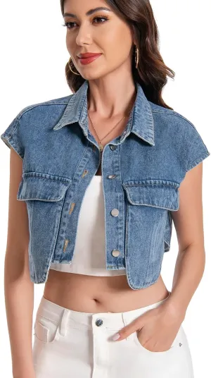 Women Cropped Denim Shirt Summer Jean Stylish Button Down Collared Cute Sleeveless Top with Pockets
