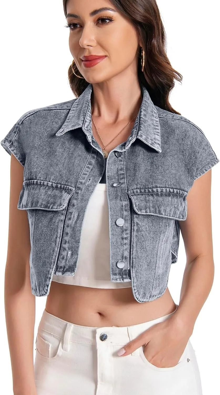 Women Cropped Denim Shirt Summer Jean Stylish Button Down Collared Cute Sleeveless Top with Pockets