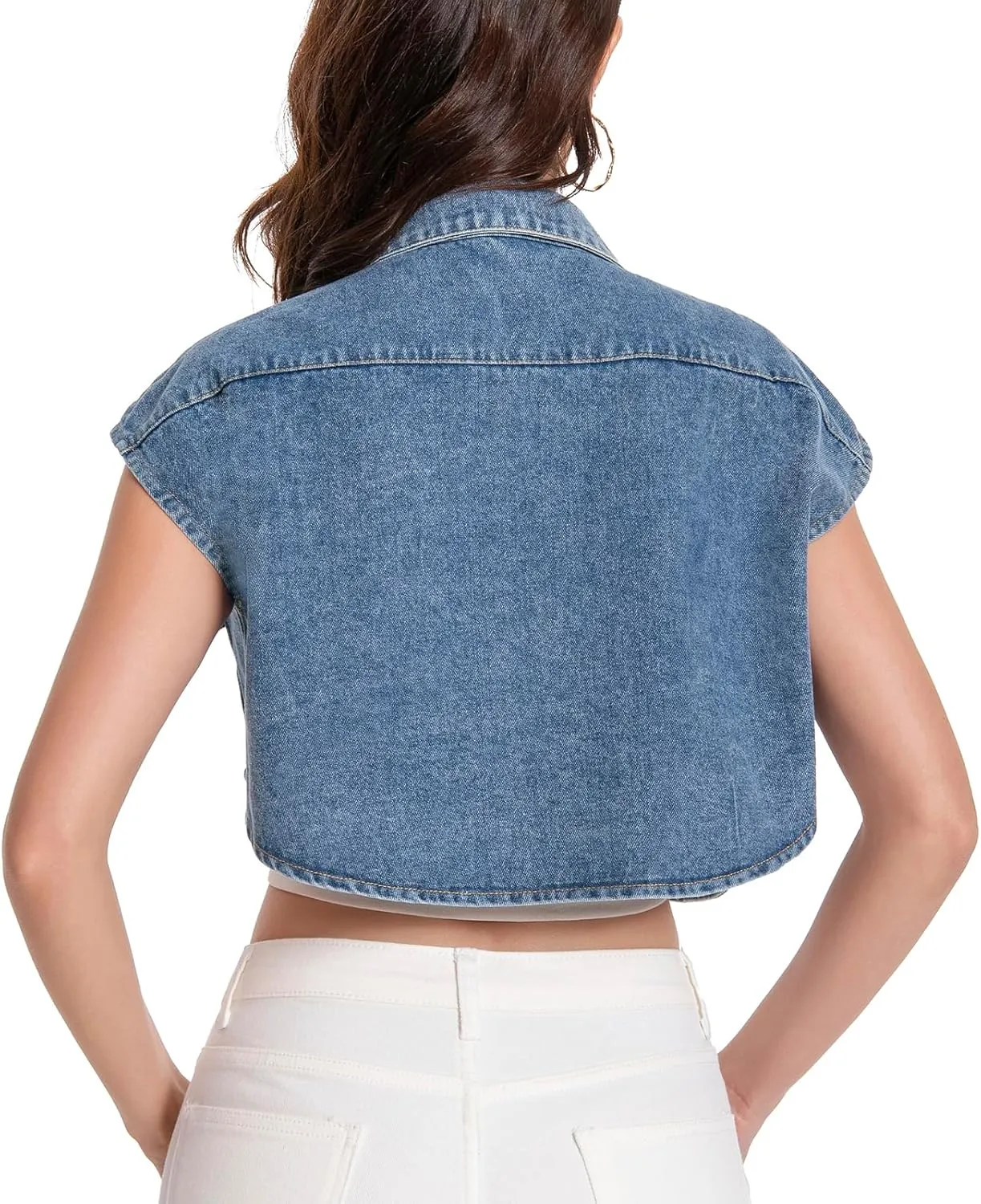 Women Cropped Denim Shirt Summer Jean Stylish Button Down Collared Cute Sleeveless Top with Pockets