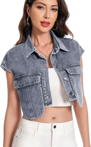 Women Cropped Denim Shirt Summer Jean Stylish Button Down Collared Cute Sleeveless Top with Pockets