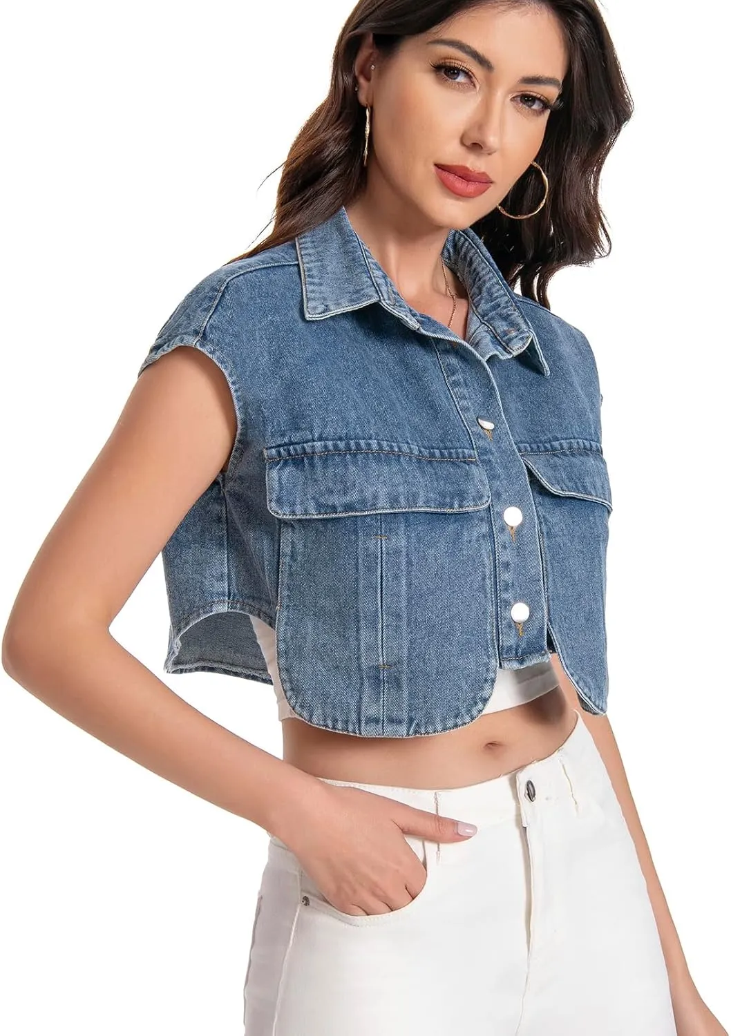 Women Cropped Denim Shirt Summer Jean Stylish Button Down Collared Cute Sleeveless Top with Pockets
