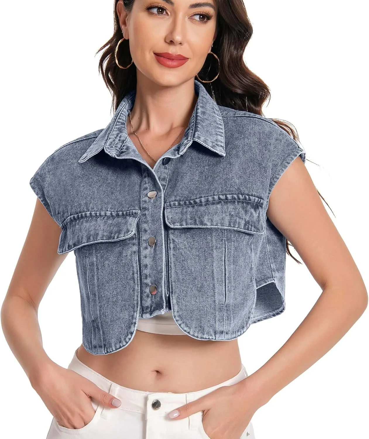 Women Cropped Denim Shirt Summer Jean Stylish Button Down Collared Cute Sleeveless Top with Pockets