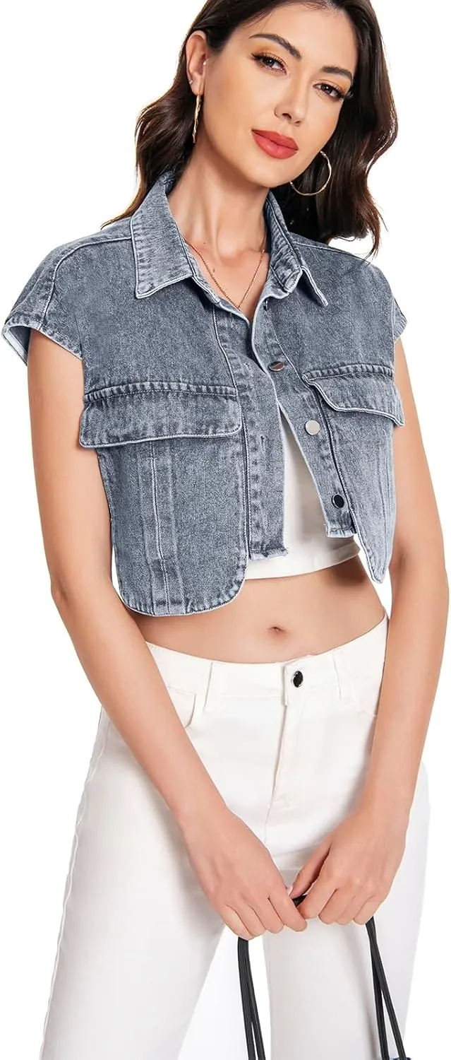 Women Cropped Denim Shirt Summer Jean Stylish Button Down Collared Cute Sleeveless Top with Pockets