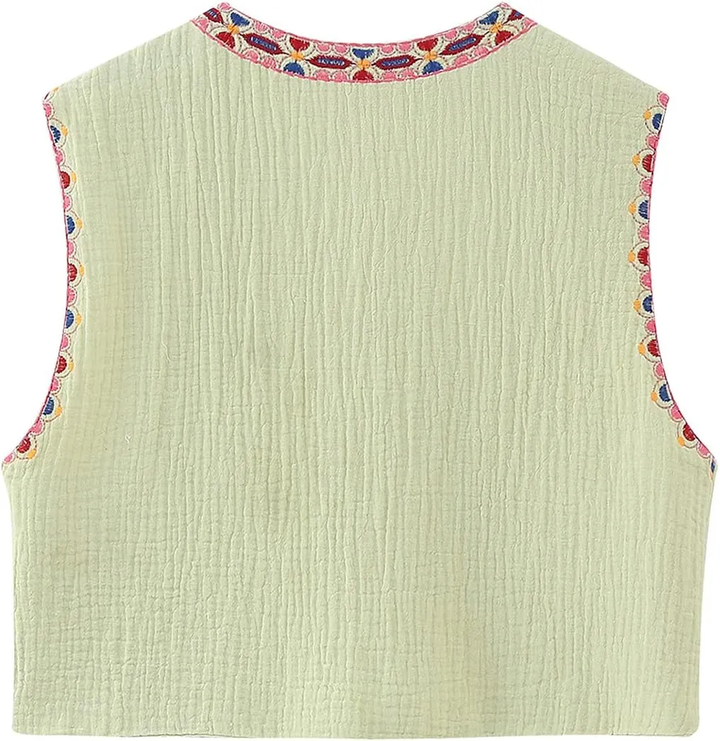 Women Embroidered Floral Vest Top Vintage Sleeveless Linen Open Front Cardigan Cropped Vest Shirt