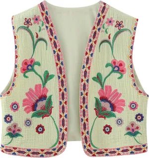 Women Embroidered Floral Vest Top Vintage Sleeveless Linen Open Front Cardigan Cropped Vest Shirt