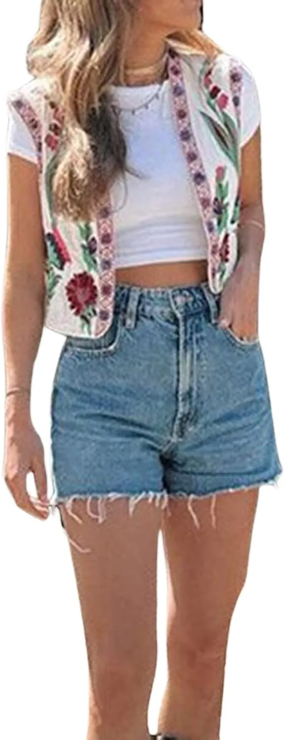 Women Embroidered Floral Vest Top Vintage Sleeveless Linen Open Front Cardigan Cropped Vest Shirt