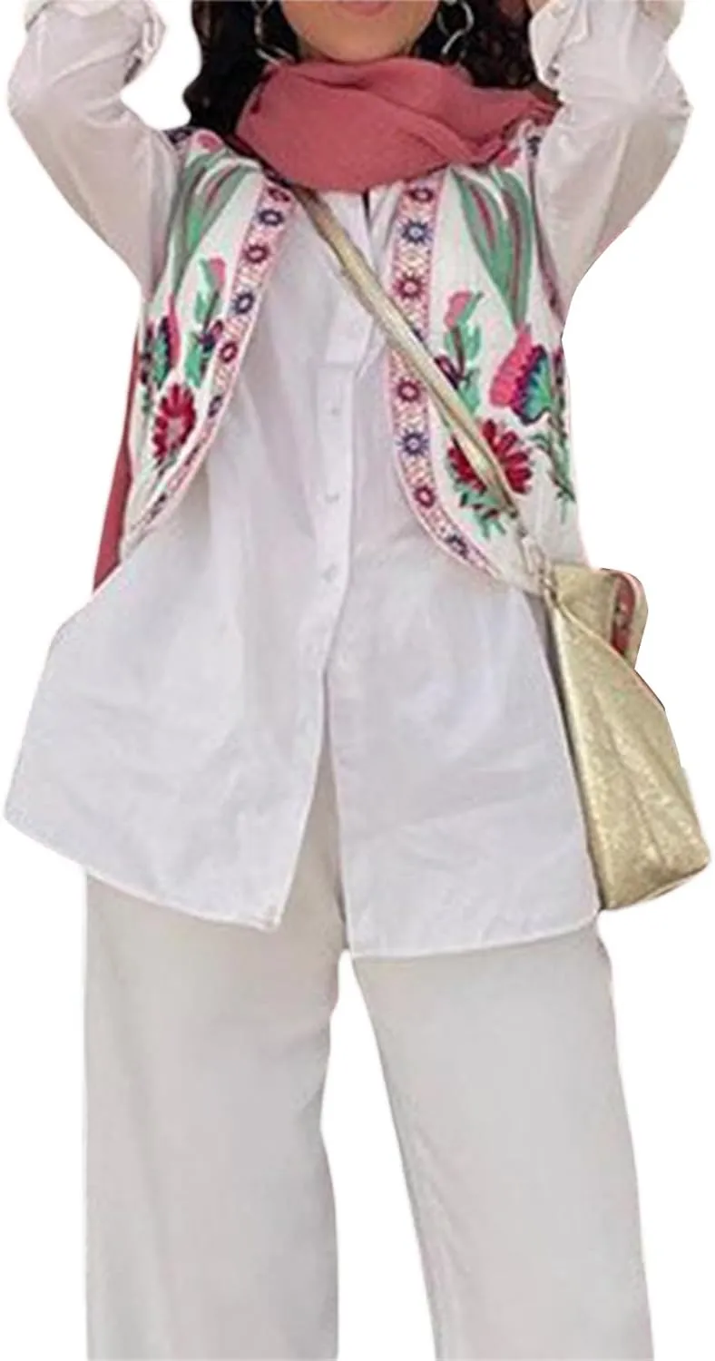 Women Embroidered Floral Vest Top Vintage Sleeveless Linen Open Front Cardigan Cropped Vest Shirt