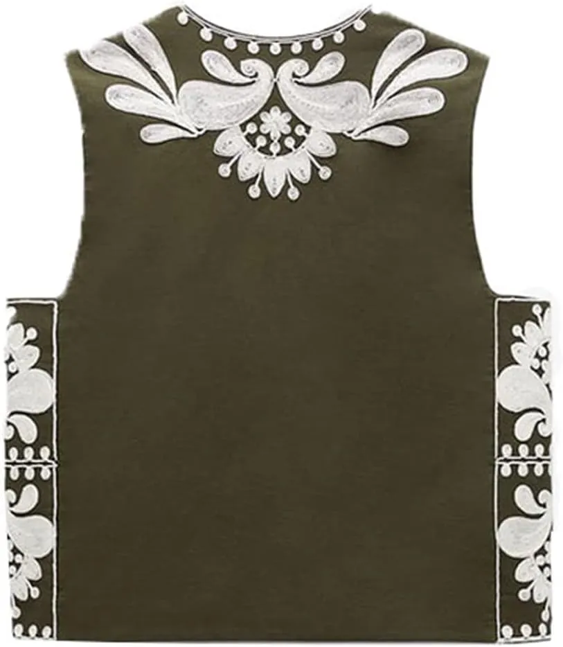 Women Embroidered Floral Vest Top Vintage Sleeveless Linen Open Front Cardigan Cropped Vest Shirt