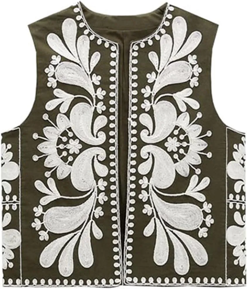 Women Embroidered Floral Vest Top Vintage Sleeveless Linen Open Front Cardigan Cropped Vest Shirt