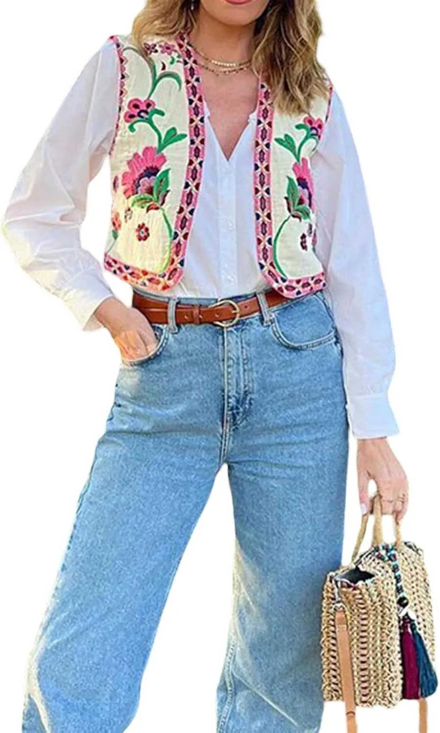 Women Embroidered Floral Vest Top Vintage Sleeveless Linen Open Front Cardigan Cropped Vest Shirt