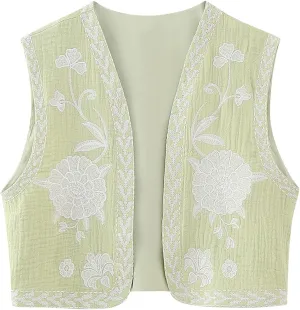 Women Embroidered Floral Vest Top Vintage Sleeveless Linen Open Front Cardigan Cropped Vest Shirt