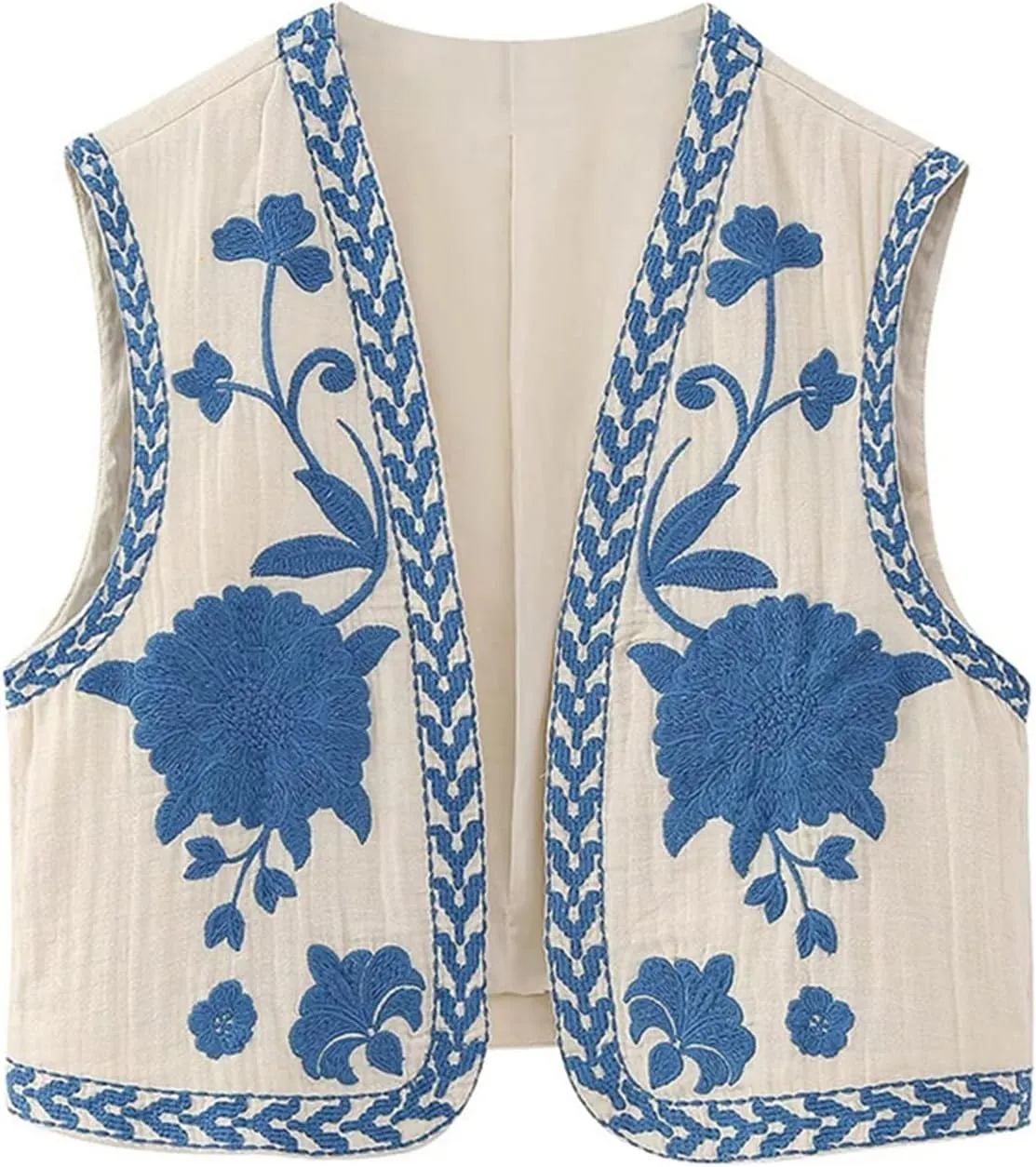 Women Embroidered Floral Vest Top Vintage Sleeveless Linen Open Front Cardigan Cropped Vest Shirt