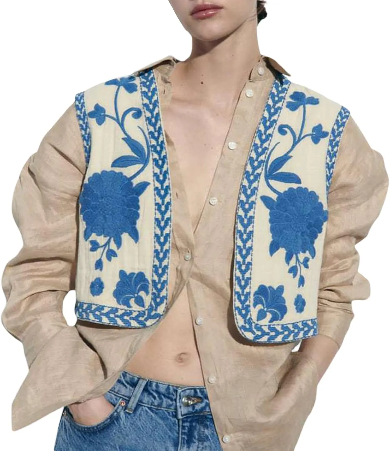 Women Embroidered Floral Vest Top Vintage Sleeveless Linen Open Front Cardigan Cropped Vest Shirt