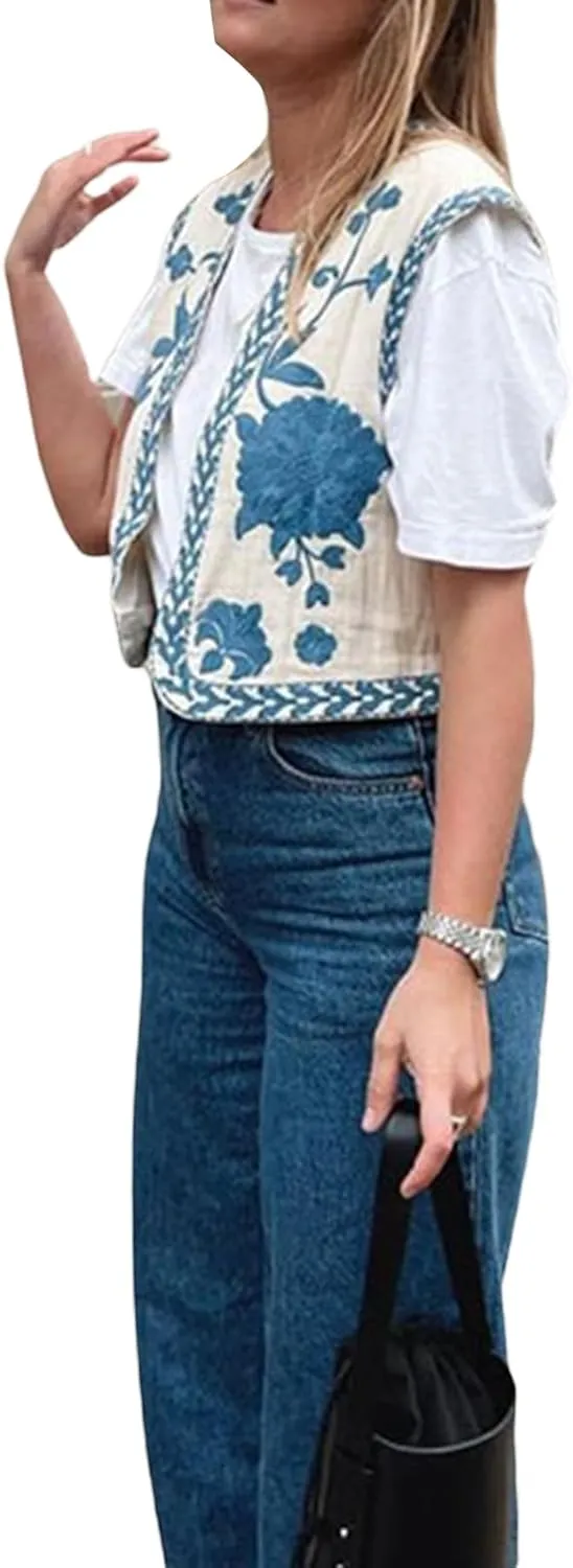 Women Embroidered Floral Vest Top Vintage Sleeveless Linen Open Front Cardigan Cropped Vest Shirt