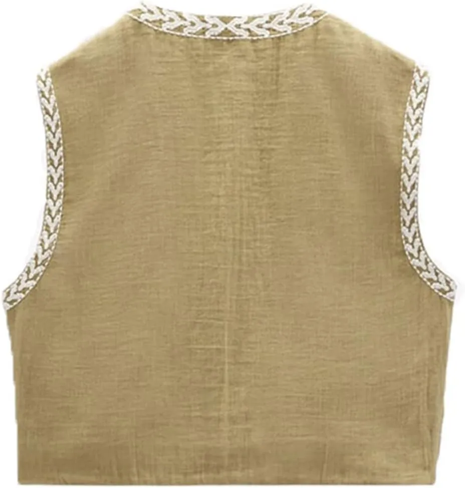 Women Embroidered Floral Vest Top Vintage Sleeveless Linen Open Front Cardigan Cropped Vest Shirt