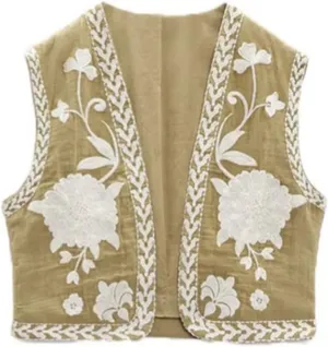 Women Embroidered Floral Vest Top Vintage Sleeveless Linen Open Front Cardigan Cropped Vest Shirt