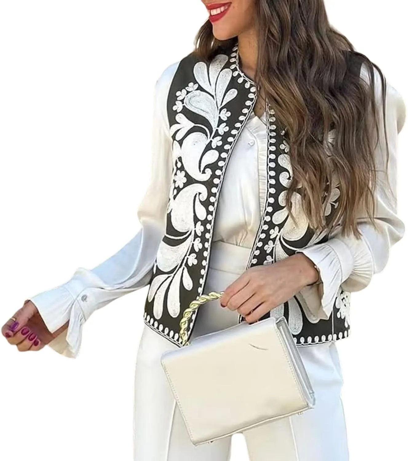 Women Embroidered Floral Vest Top Vintage Sleeveless Linen Open Front Cardigan Cropped Vest Shirt